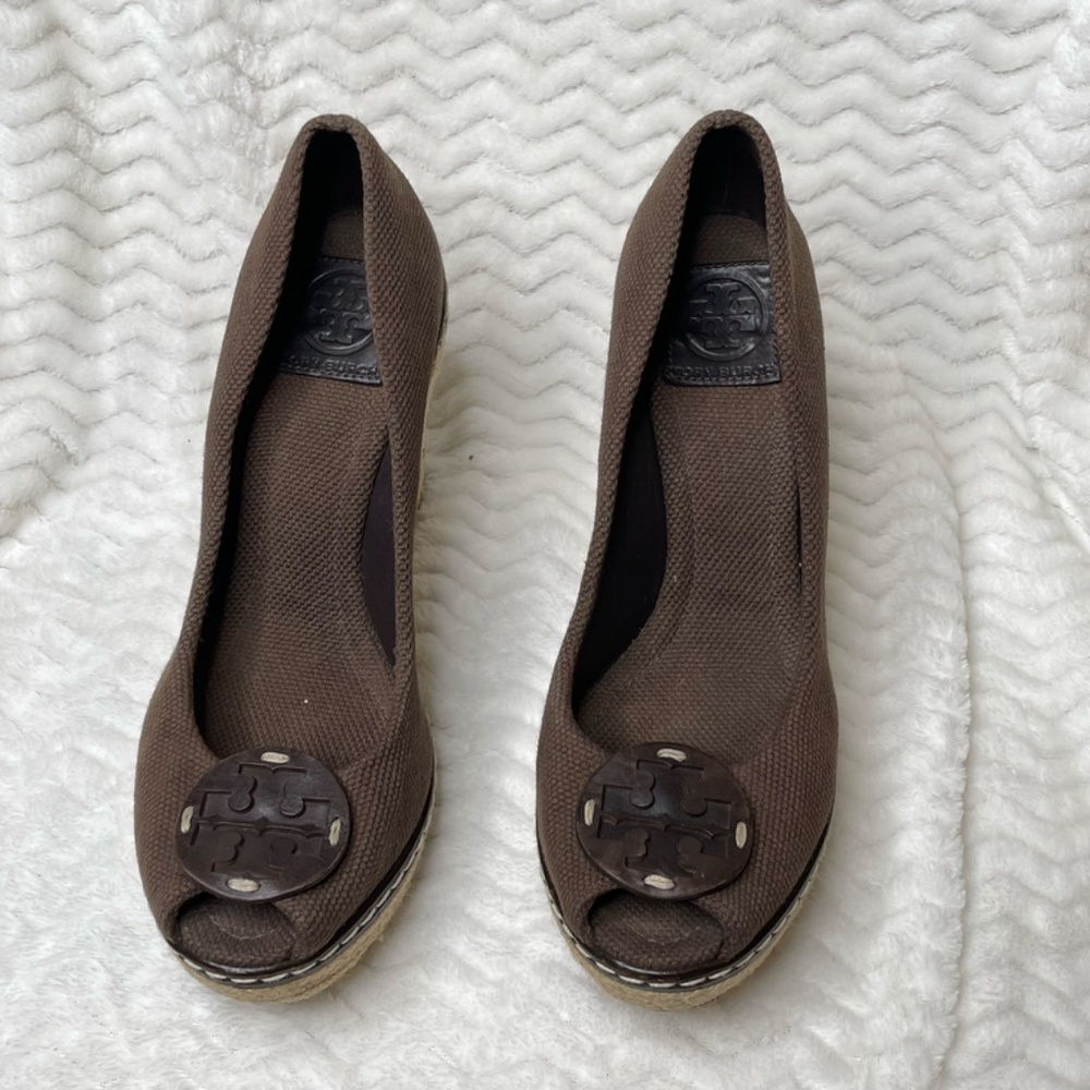 Tory Burch Peep Toe Wedge Espadrille Canvas Shoes Womens Size 9.5M